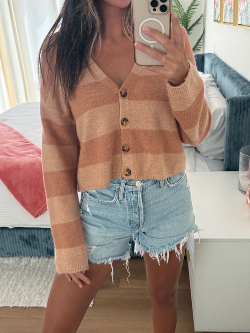 Billabong Striped V-Neck Cropped Button Cardigan - Beige & Tan